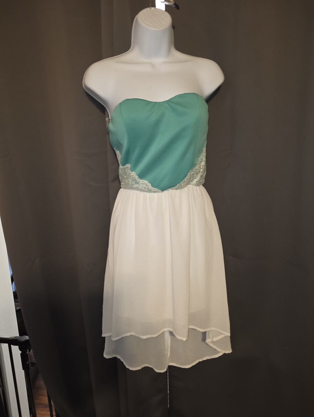 Strapless Teal and White Lace-Trim Dress